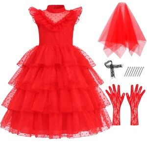 NWT Lydia of BEETLE JUICE Costume Girls Red Wedding Ruffled Kids Dress, Size XXL
